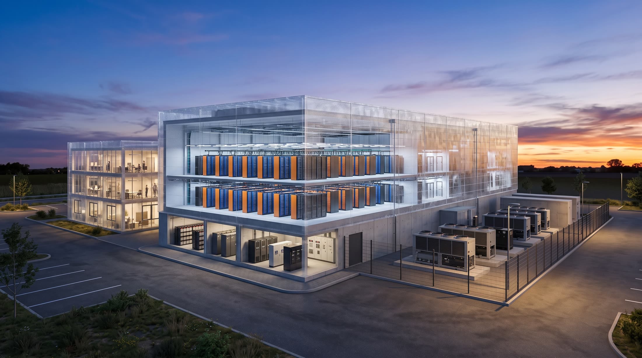 El mismo edificio en corte, con las salas de racks, la sala el&eacute;ctrica y las oficinas a la vista