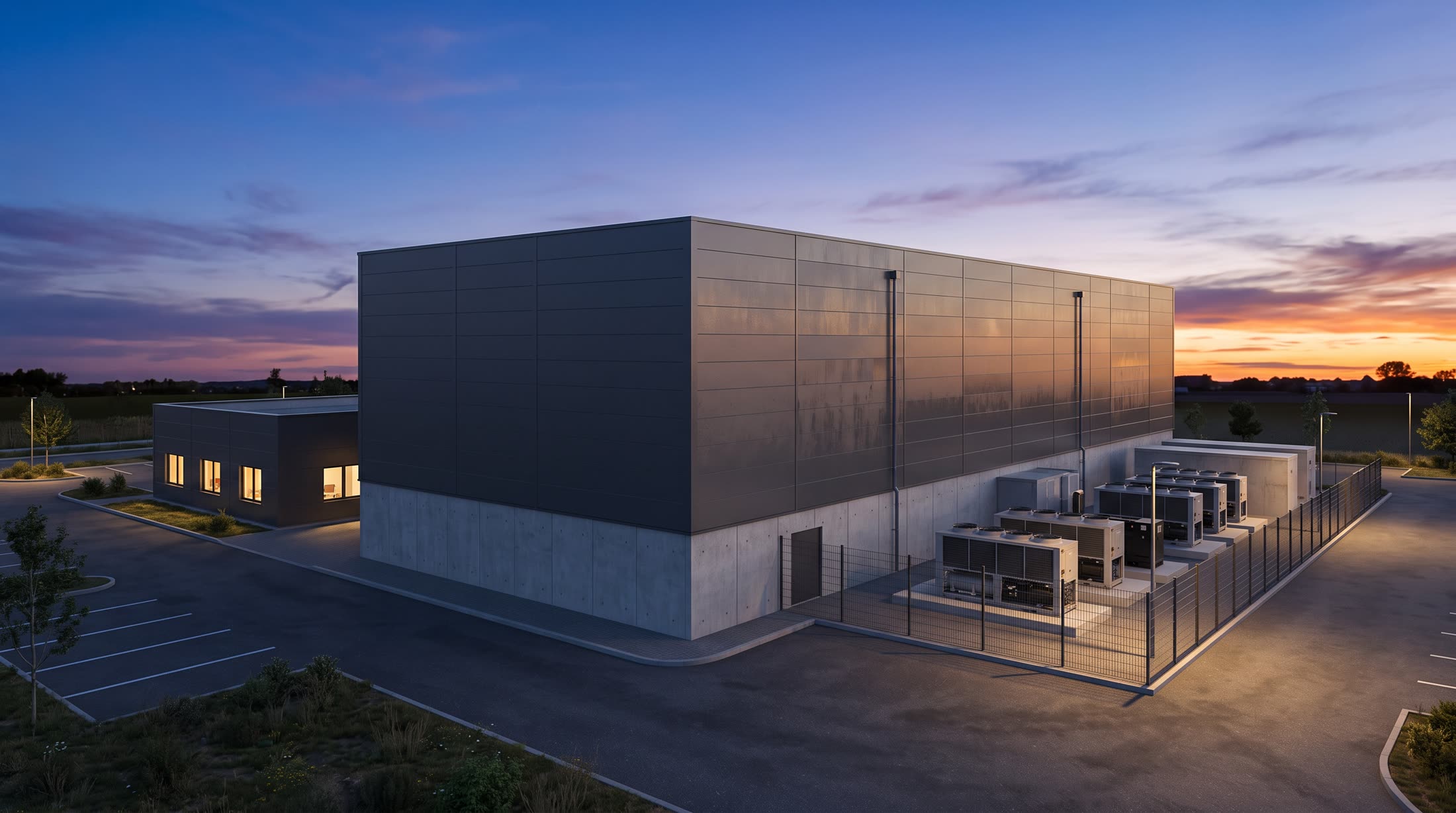 Data center al atardecer, fachada opaca
