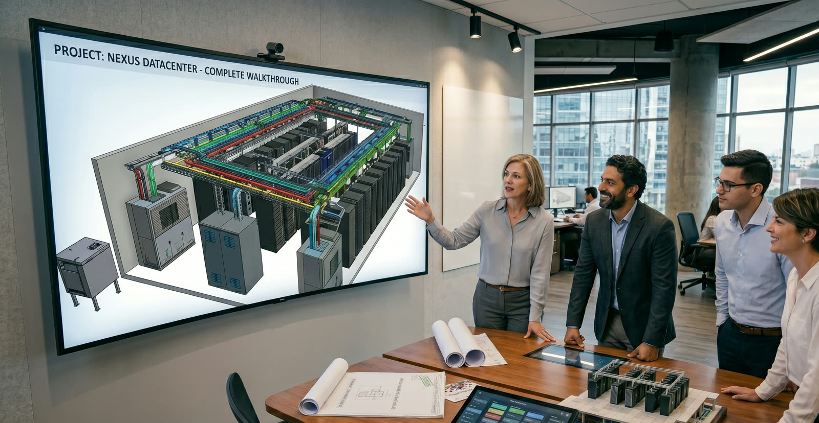 Reunión de ingeniería con el cliente frente al modelo 3D de la sala