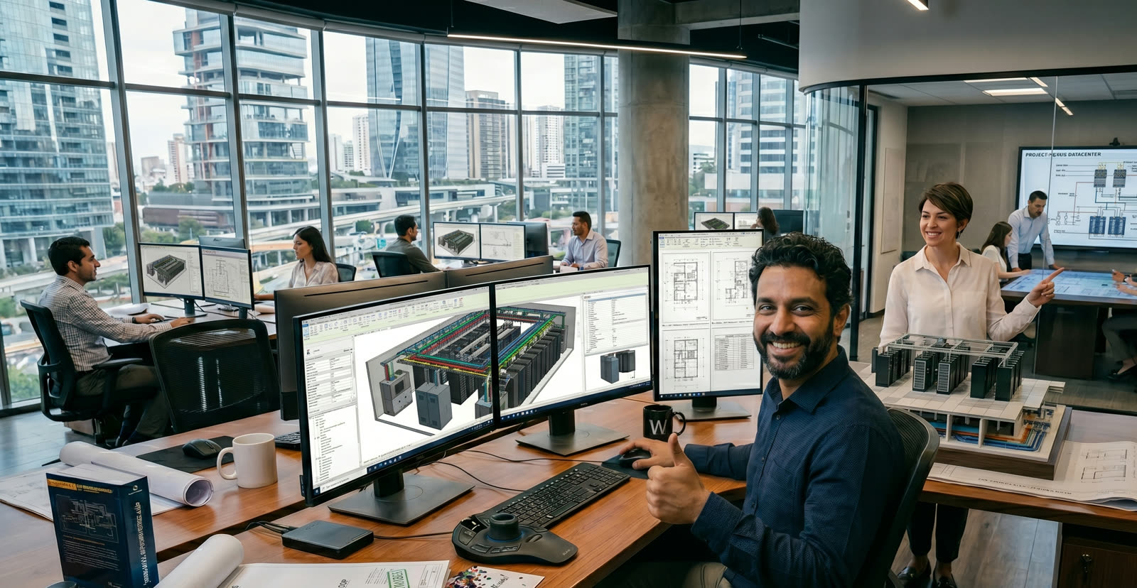 Ingeniero con los planos y la documentación del proyecto