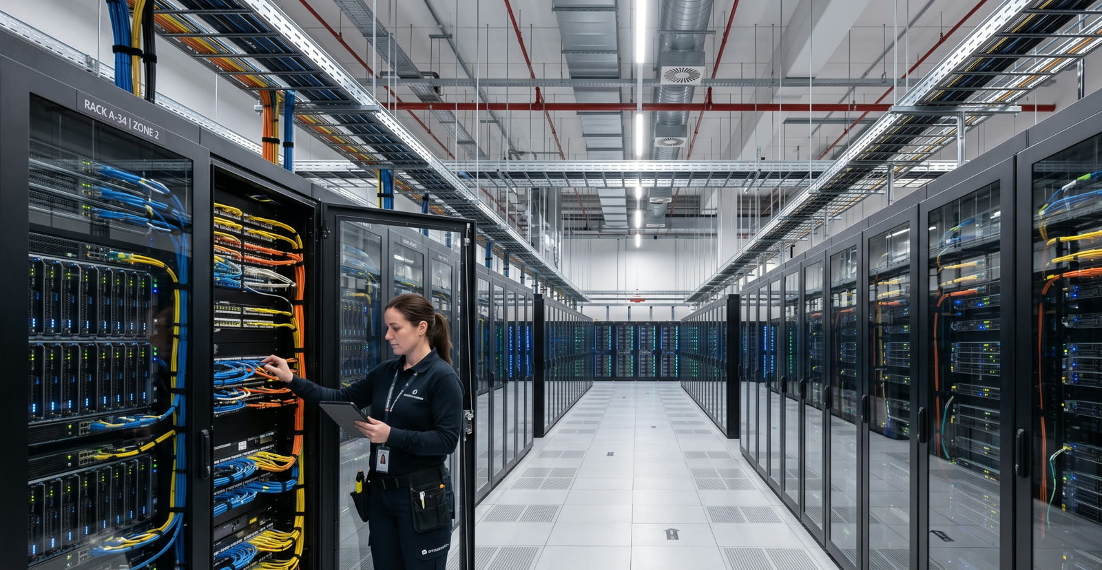 Técnica revisando el cableado de un rack en un pasillo de data center