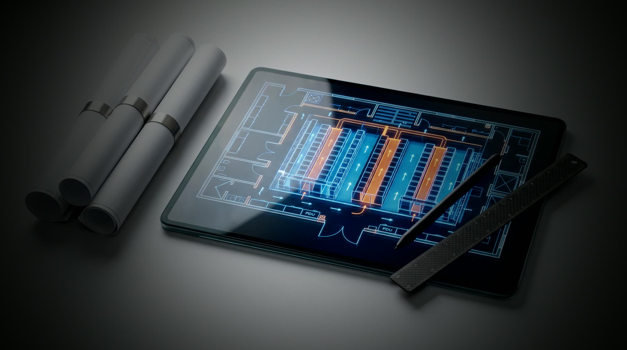 Tableta con planos de data center sobre una mesa de trabajo