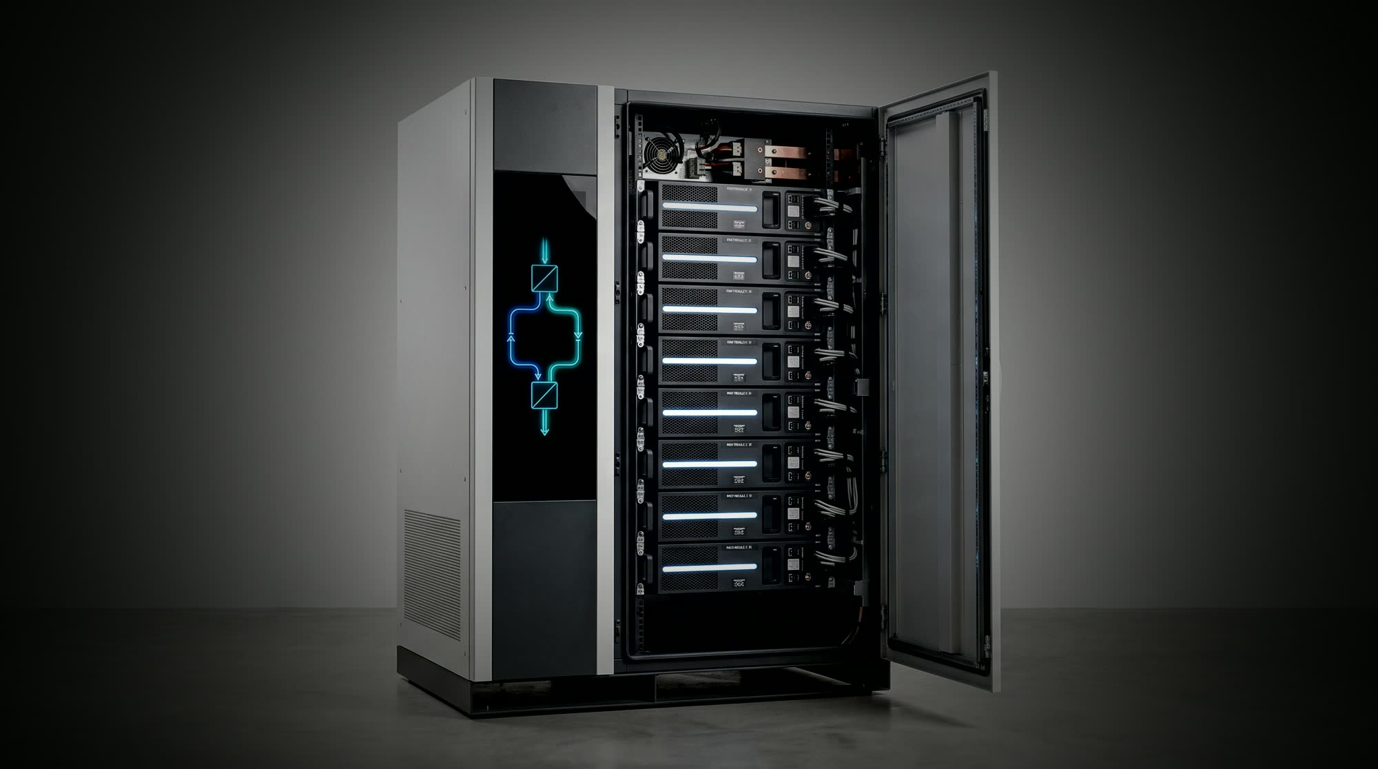 Gabinete UPS modular con la puerta abierta mostrando los m&oacute;dulos de potencia