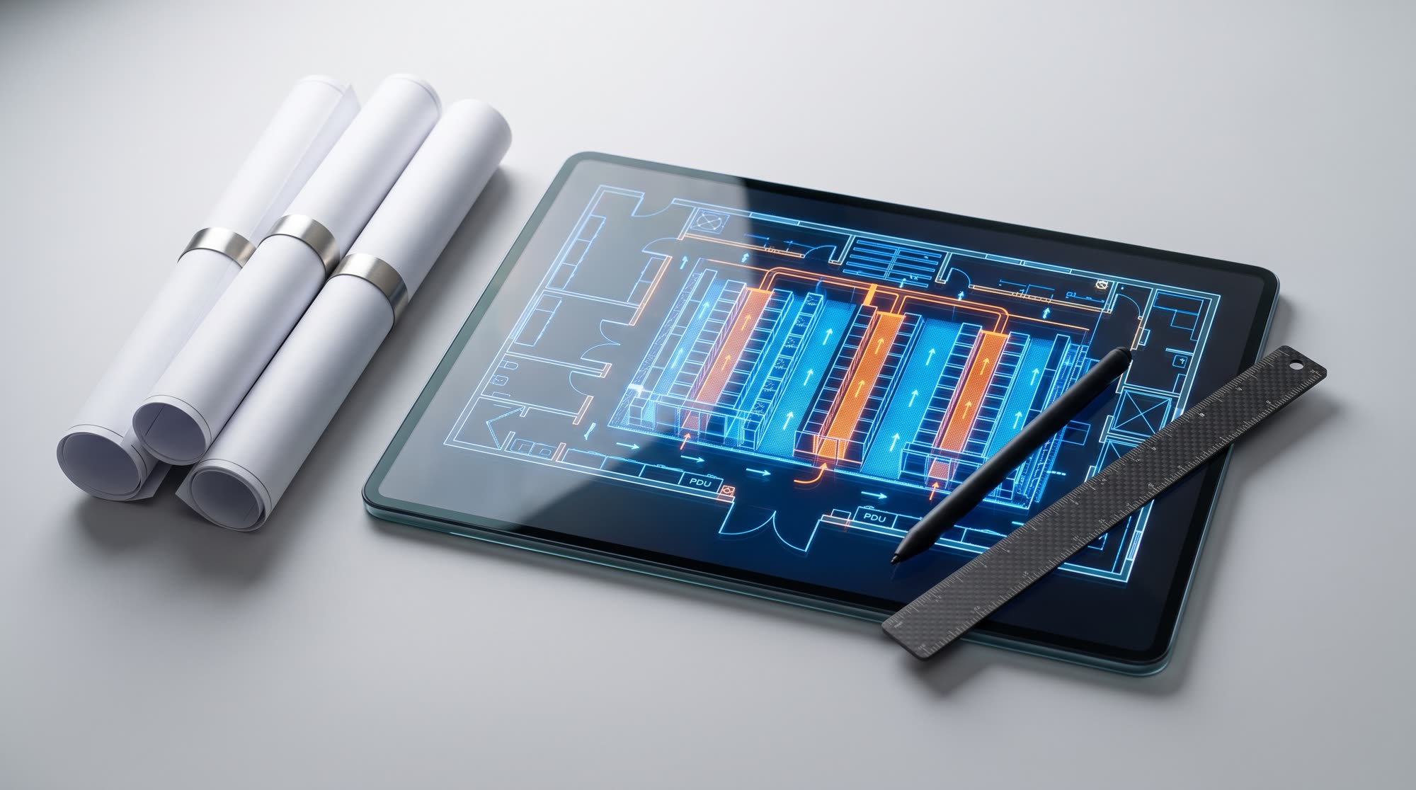 Tablet con el plano de la sala junto a rollos de planos