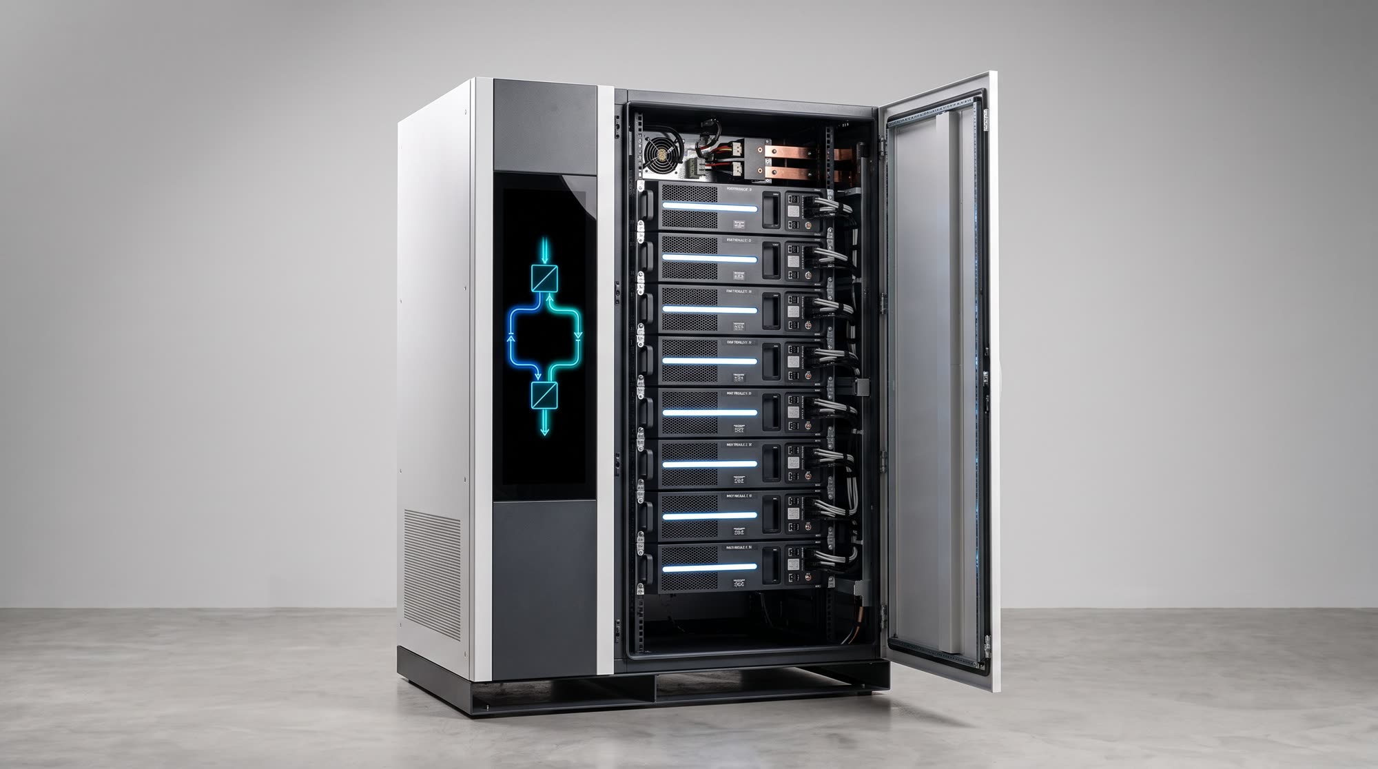 Gabinete eléctrico abierto con módulos de potencia