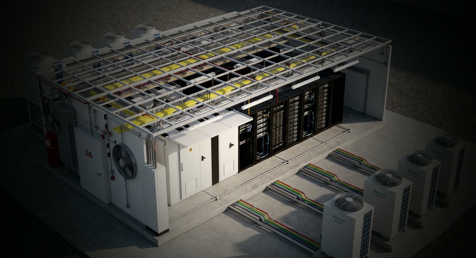 Shelter de data center abierto, con sus racks y las unidades de clima